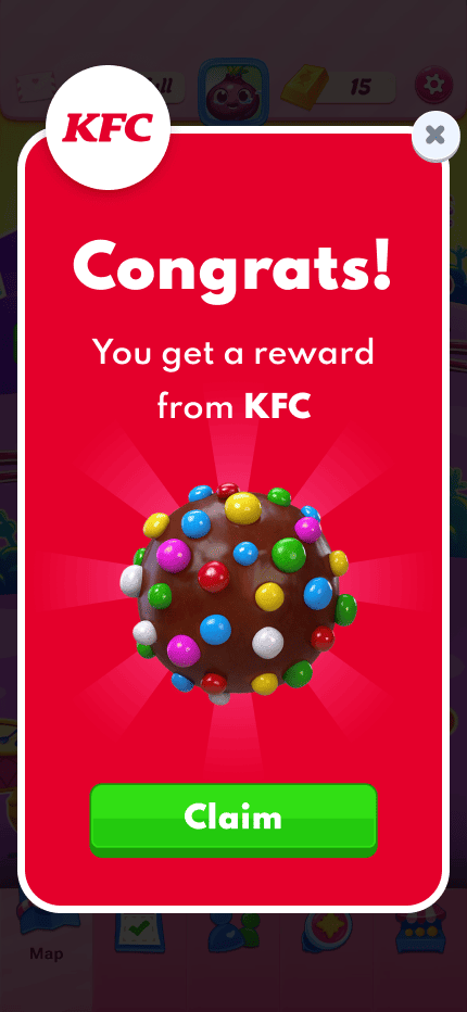KFC reward granted confirmation inside a mobile game — Monetizr